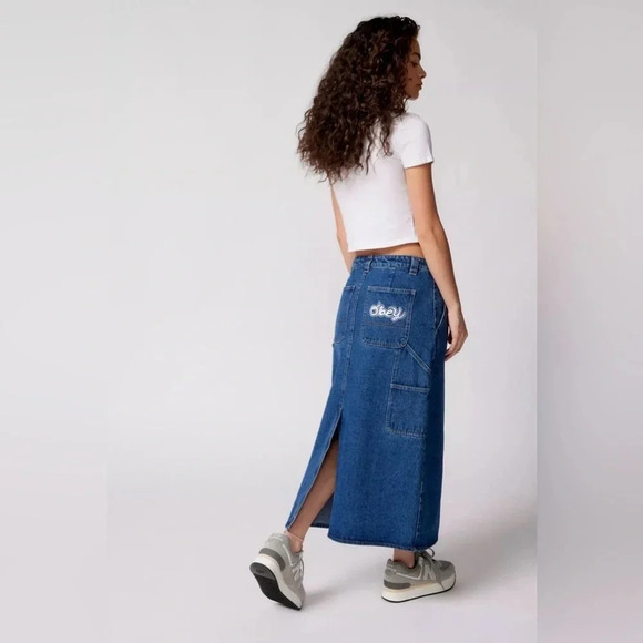 OBEY Juniper Embroidered Denim 90s Y2K Midi Skirt NWOT size 26 - Picture 1 of 16